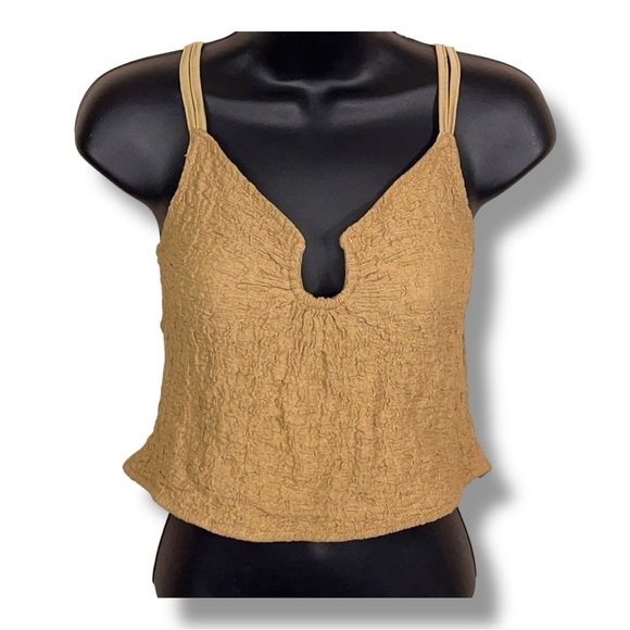 NEW XL Forever 21 Khaki Beige Textured Crop Top Sleeveless Stretch Boho Bohemian - Picture 1 of 13